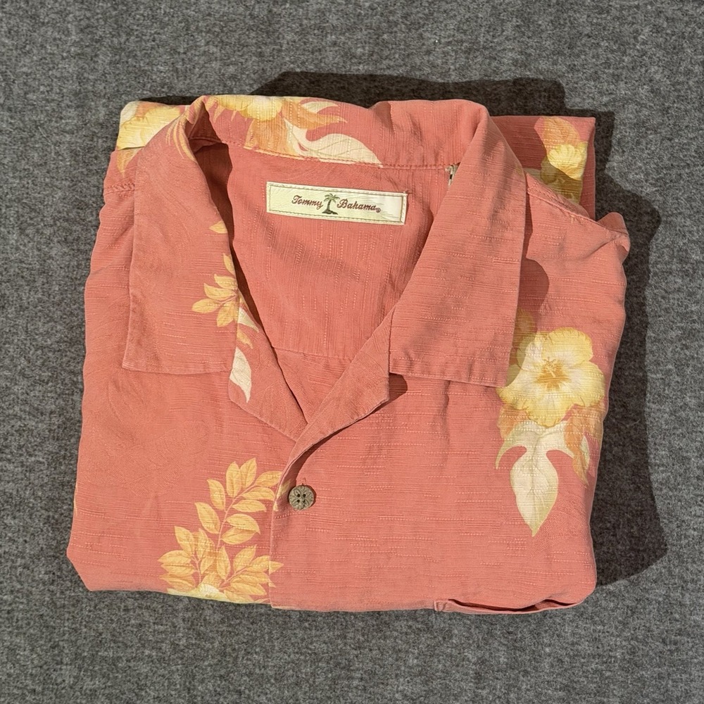 Men's Tommy Bahama Silk Salmon Short Sleeve Button Up Hawaiian Camp Shirt Sz L